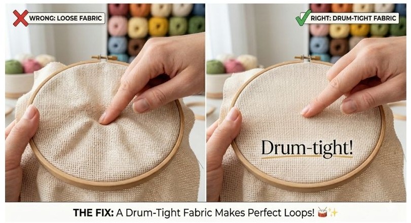 Side-by-side comparison of correct Monk's cloth fabric tension vs wrong loose fabric for punch needle, Poko Design