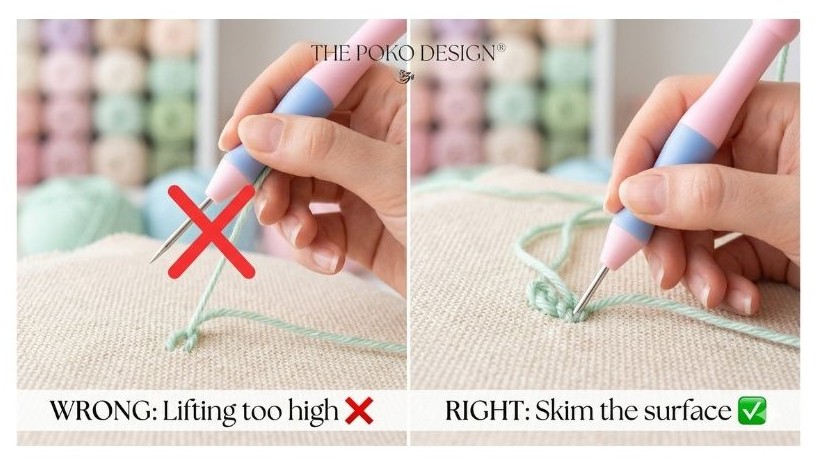"Close-up of correct punch needle skimming technique vs lifting too high mistake, Poko Design