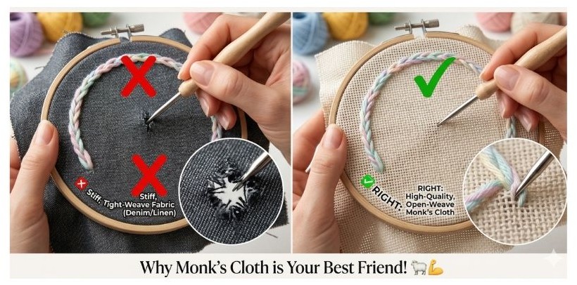 Close-up comparison of correct Monk's Cloth vs wrong tight-weave fabric for punch needle, Poko Design
