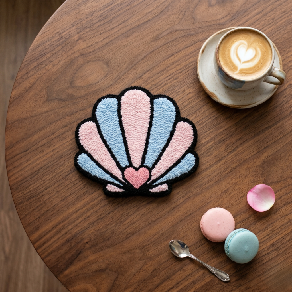 Punch needle template for an easy pastel seashell coaster. The finished pink and blue shell mug rug with a small heart sits on a warm wooden table next to a latte and macarons, perfect for a cozy afternoon craft