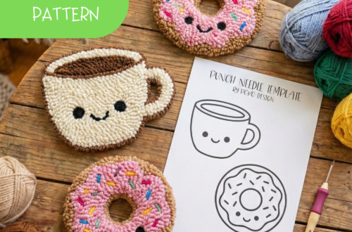 A pink frosted donut with colorful sprinkles and a smiling coffee cup punch needle coaster set, placed on a rustic wooden table next to a real cup of latte