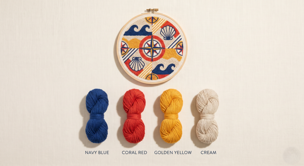 Coastal-inspired punch needle palette featuring navy blue, coral red, golden yellow, and cream in wooden hoop with nautical-modern design, yarn thread samples arranged below