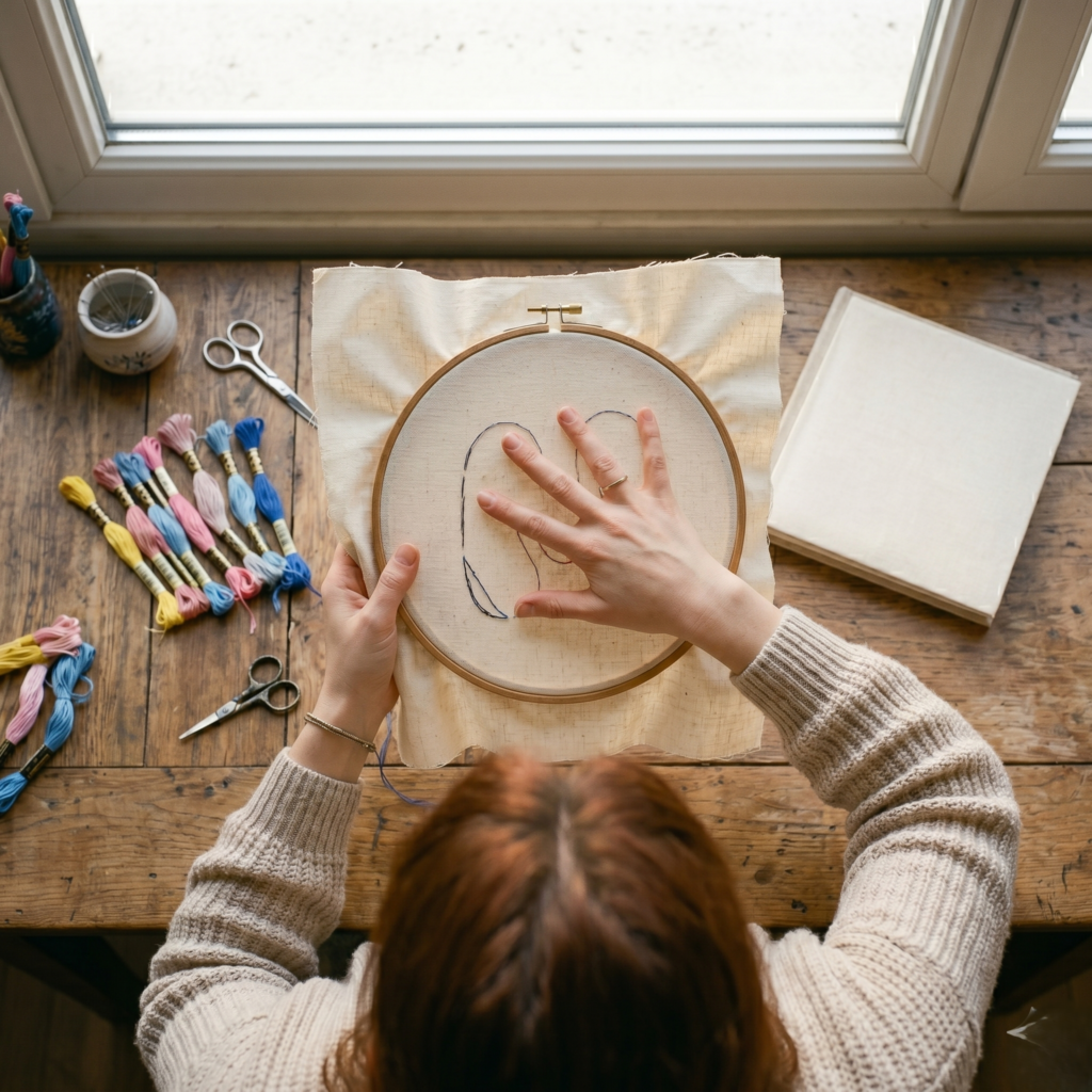 Top-down view of a designer checking the tension of the fabric in a wooden embroidery hoop. Her hands are flat on the surface to ensure it is "drum-tight" before starting the punch needle embroidery process.