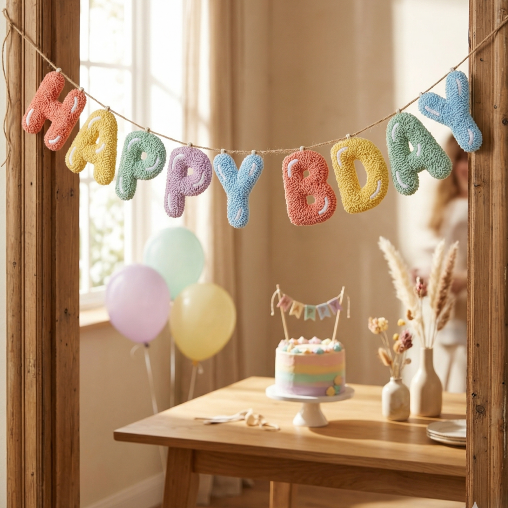 Punch needle pattern for fluffy 'Happy Bday' letter banner. Colorfully made bubble punch letters create a birthday banner above a celebration table, showcasing a completed punch needle alphabet project."