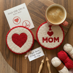 Free heart punch needle coaster pattern template by Poko Design for Mother's Day