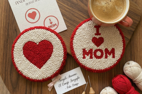 Free heart punch needle coaster pattern template by Poko Design for Mother's Day
