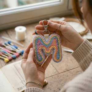 Finishing touches on a punch needle project: A finished pastel M-shaped keychain with clean edges and a keyring attachment. Shown next to a pattern sketch on a wooden table, demonstrating a free punch needle pattern result.