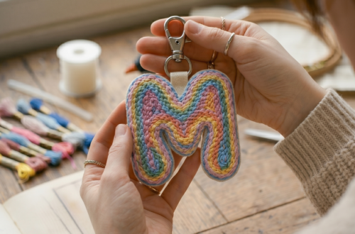 Finishing touches on a punch needle project: A finished pastel M-shaped keychain with clean edges and a keyring attachment. Shown next to a pattern sketch on a wooden table, demonstrating a free punch needle pattern result.