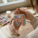 Finishing touches on a punch needle project: A finished pastel M-shaped keychain with clean edges and a keyring attachment. Shown next to a pattern sketch on a wooden table, demonstrating a free punch needle pattern result.