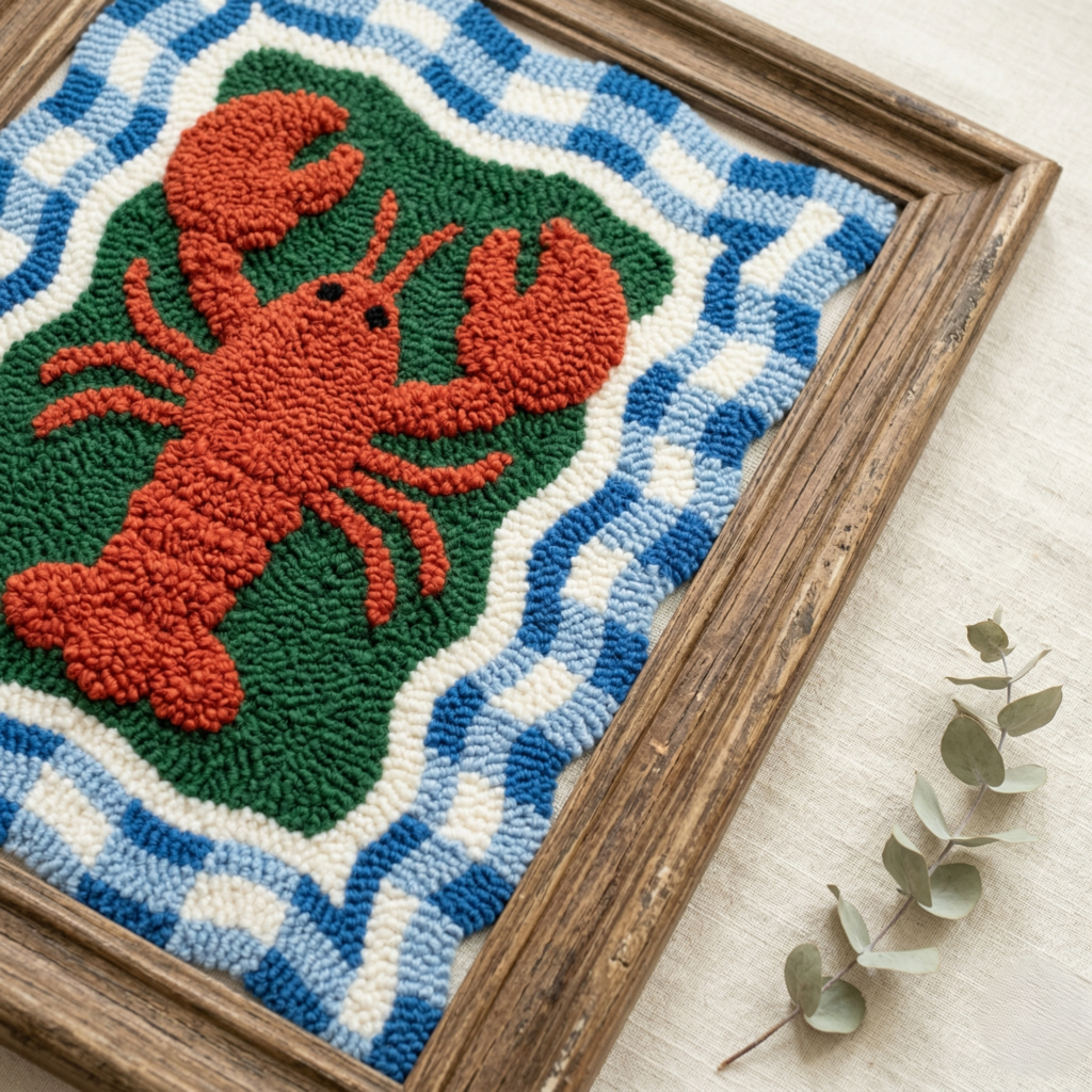 Punch needle pattern of a preppy red lobster wall hanging with a blue and white wavy border.