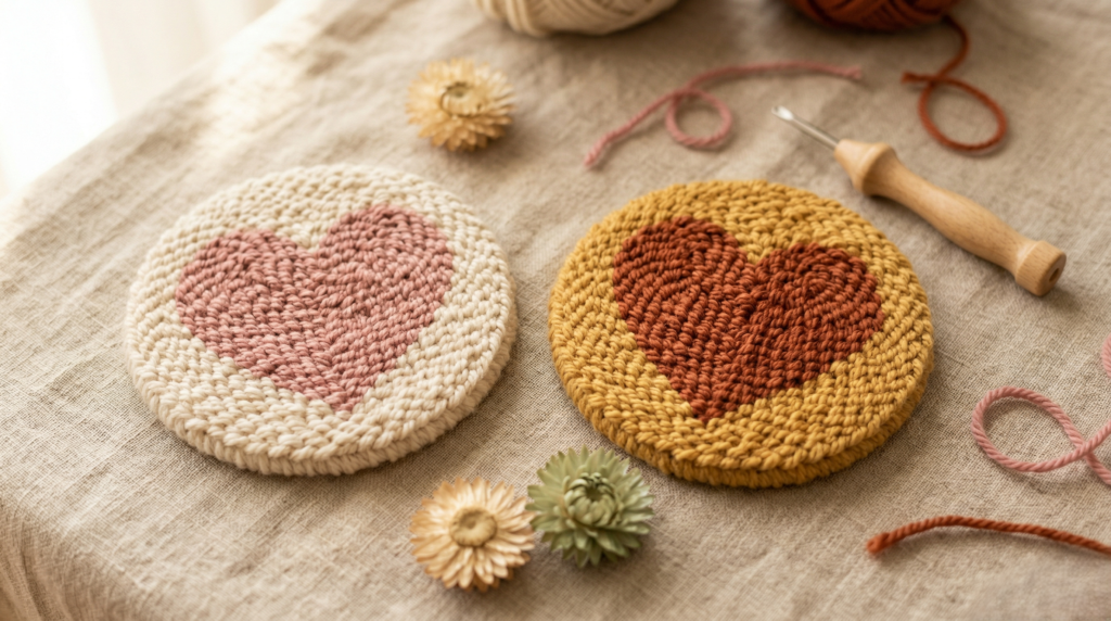 Punch needle heart coaster handmade Mother's Day gift idea by Poko Design