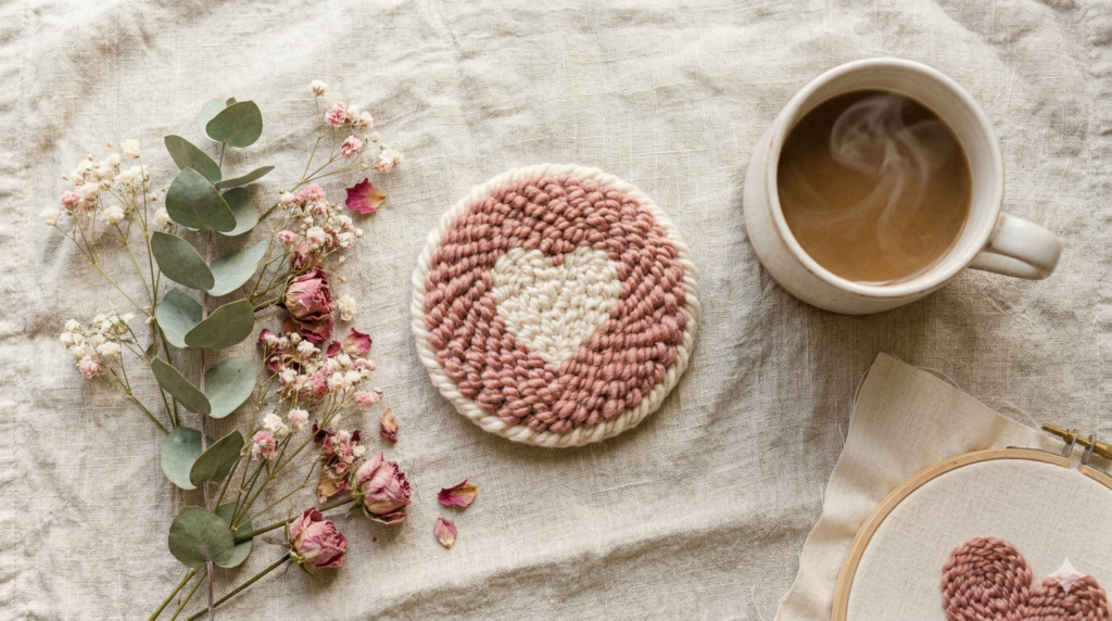 Handmade pink heart punch-needle coaster on textured linen with a coffee mug and floral accents.