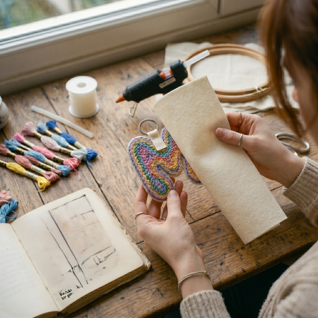 A person holding a completed letter-shaped punch needle keychain alongside a piece of white felt fabric. A hot glue gun and colorful embroidery floss are visible on the desk, showing the process of sealing the back of the project.