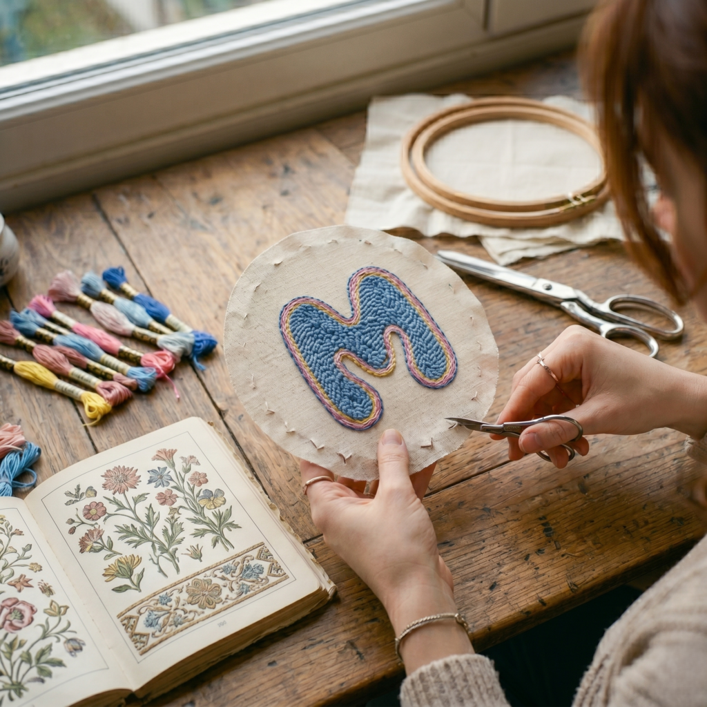 Close-up of a finished colorful "M" letter punch needle project being trimmed with craft scissors. The artist is leaving a small seam allowance around the edges of the embroidery for finishing.