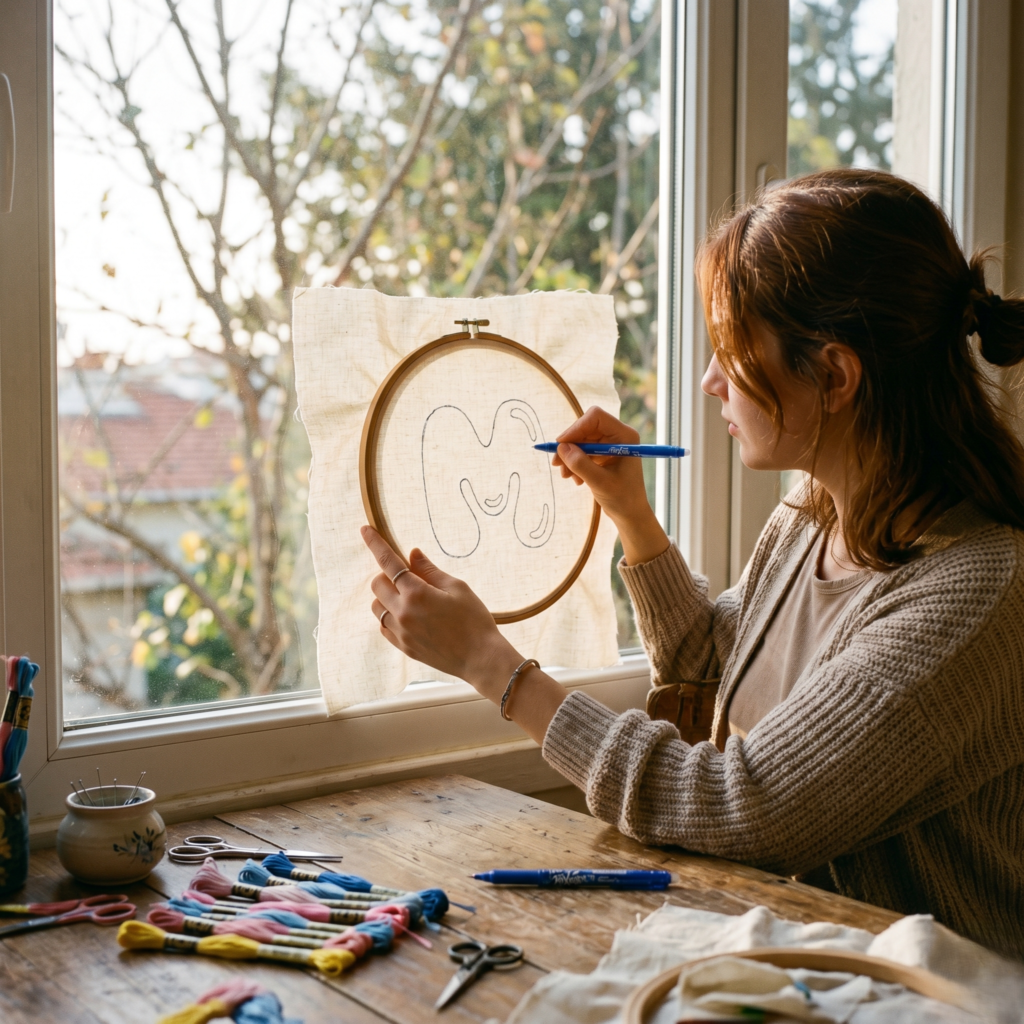 A crafter using a sunny window as a natural light box to trace a Punch Needle pattern onto fabric with a heat-erasable pen. The scene shows a cozy workspace with embroidery supplies in the background.