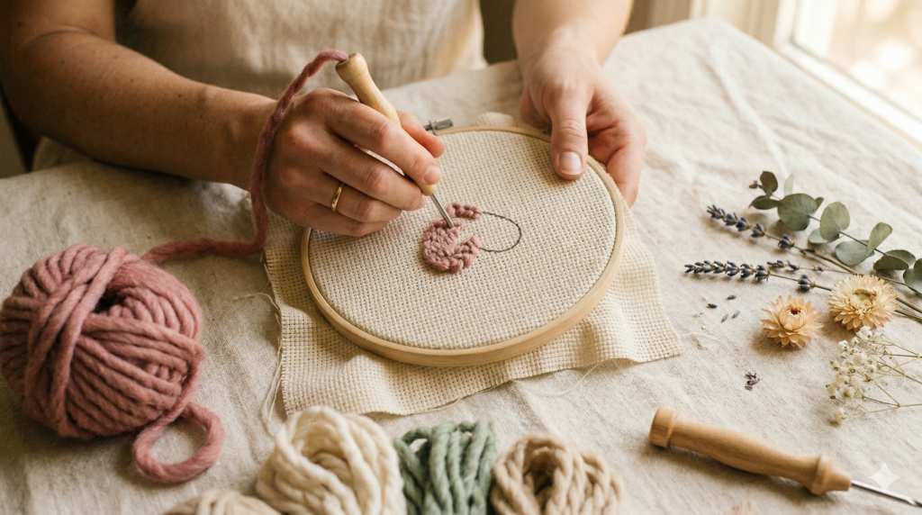 Woman working on a heart punch needle pattern - cozy handmade craft project for beginners with Poko Design