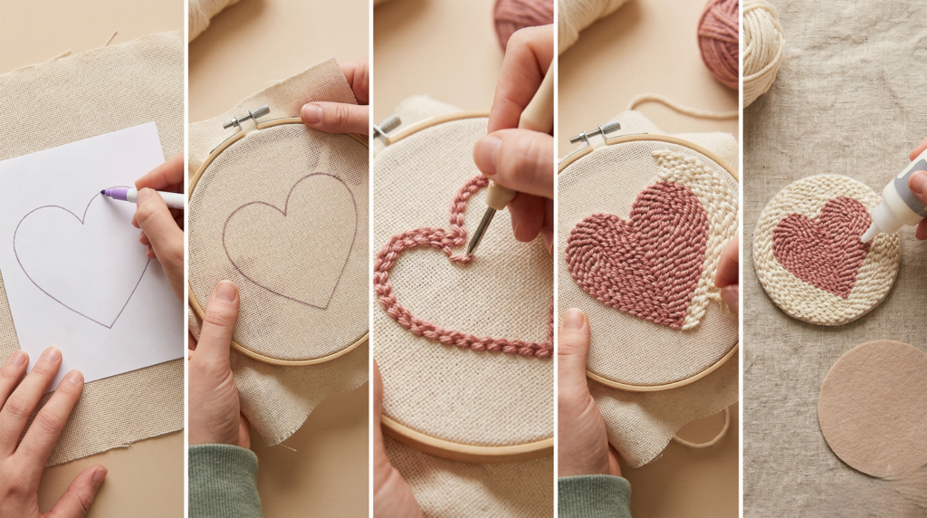 Step by step tutorial for heart punch needle coaster - DIY pattern transfer and embroidery process by Poko Design