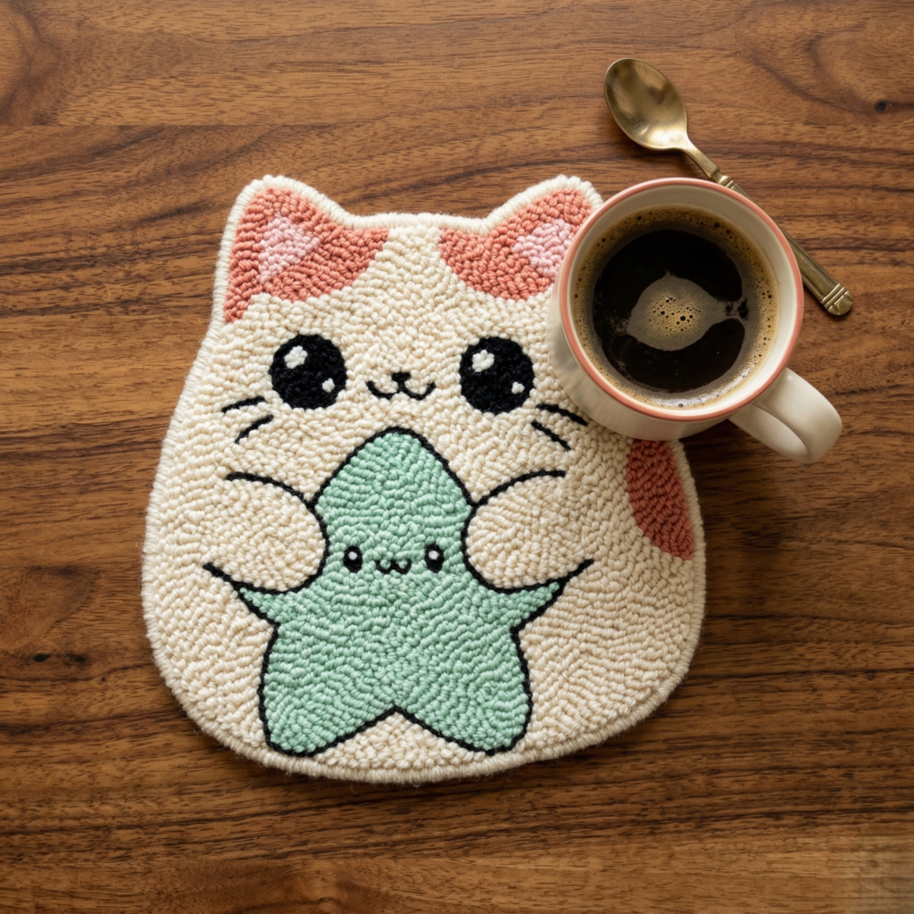 Punch needle pattern for a kawaii squishy animal cat coaster. A handmade cute white cat mug rug holding a green star, styled on a rustic wooden desk with a morning coffee, ideal for beginner-friendly small projects.