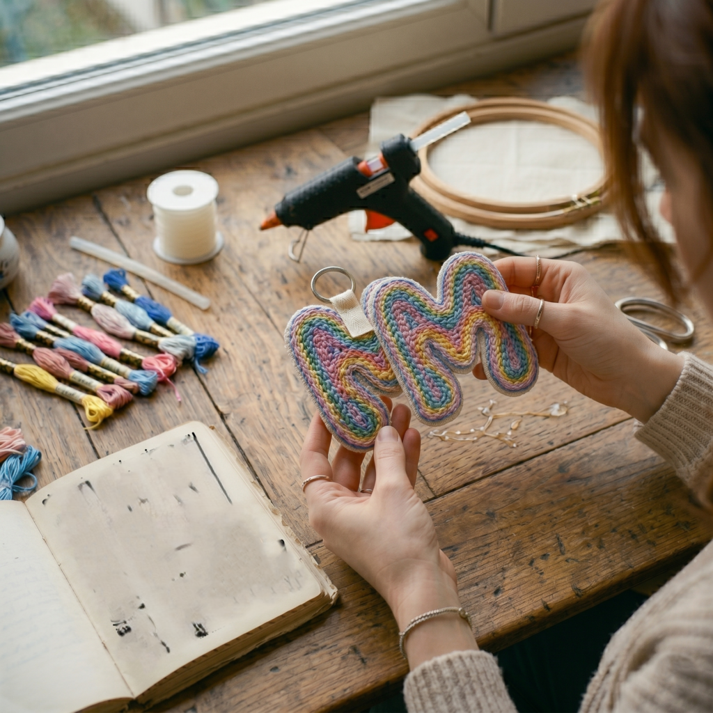 A person holds a handmade pastel-colored "M" letter punch needle keychain over a worktable with various craft supplies.