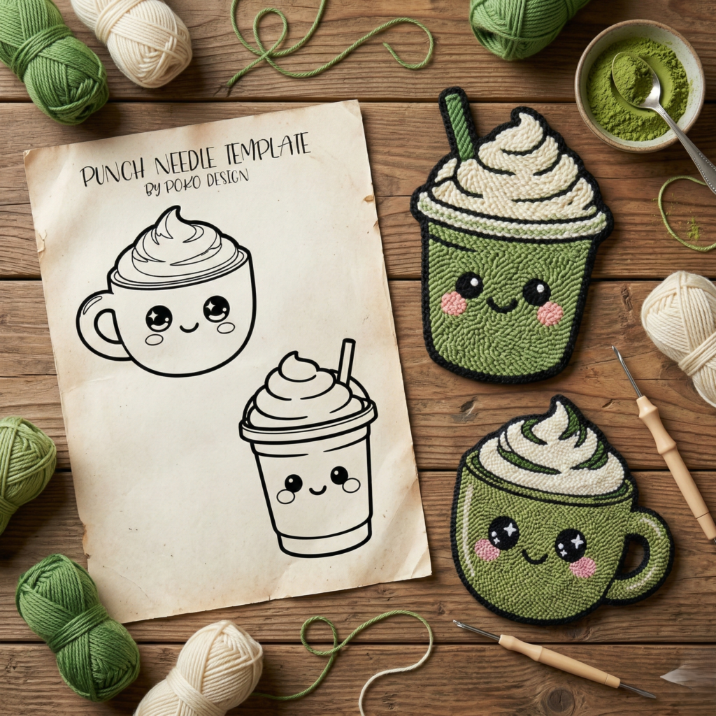 Trendy sage green matcha latte and frappuccino punch needle art pieces with cute faces, perfect for modern home decor and aesthetic craft inspiration