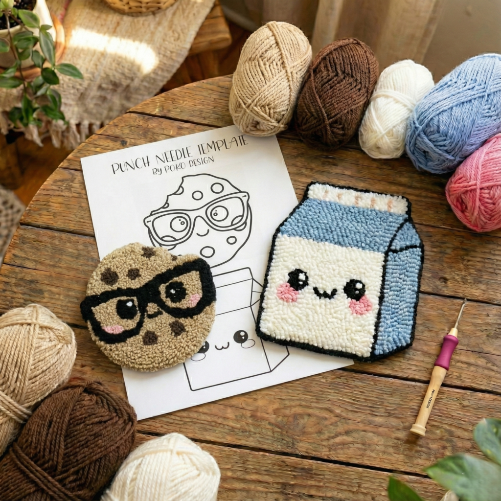 Handmade punch needle keychains of a happy milk carton and a chocolate chip cookie wearing glasses, styled on a neutral background for a cute DIY craft aesthetic