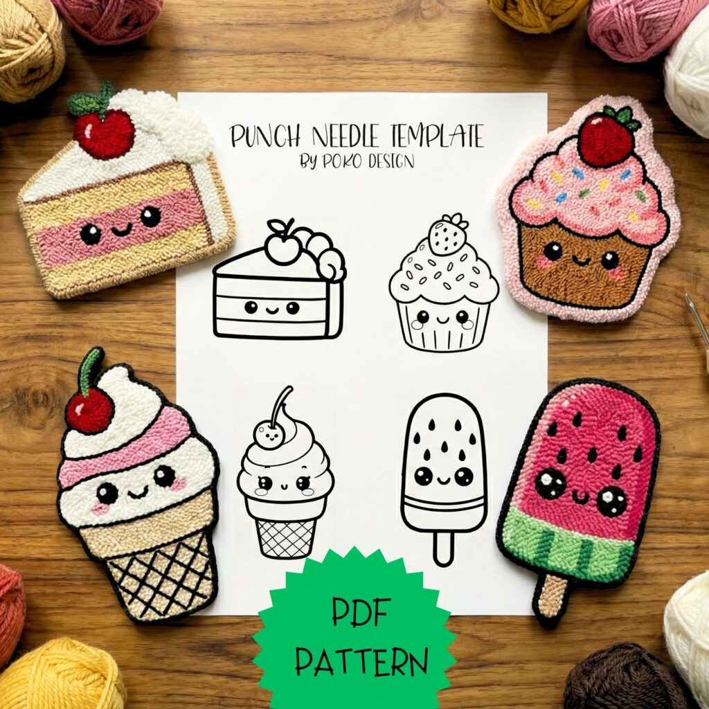 A collection of colorful kawaii punch needle dessert patterns including a pink cupcake, ice cream cone, strawberry cake, and watermelon popsicle, displayed as a digital PDF template by The Poko Design.