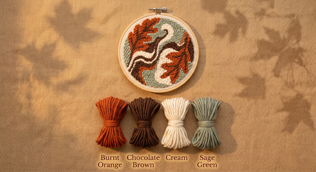 Cozy autumn punch needle palette with wooden hoop displaying warm abstract patterns in burnt orange, chocolate brown, cream, and sage green, yarn threads arranged below