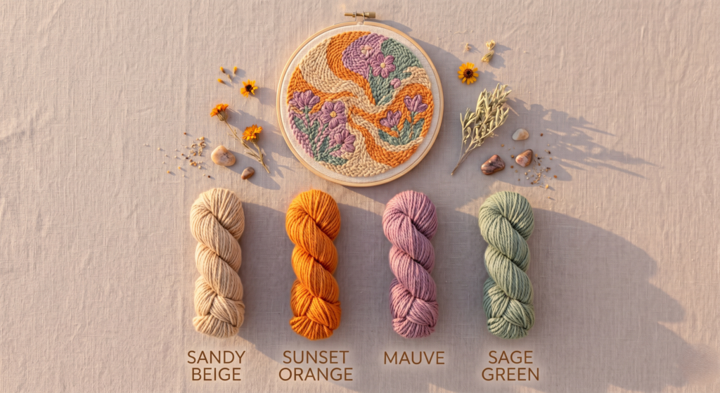 Warm desert bloom punch needle palette with wooden hoop showing organic design in sandy beige, sunset orange, mauve, and sage green, labeled yarn threads displayed