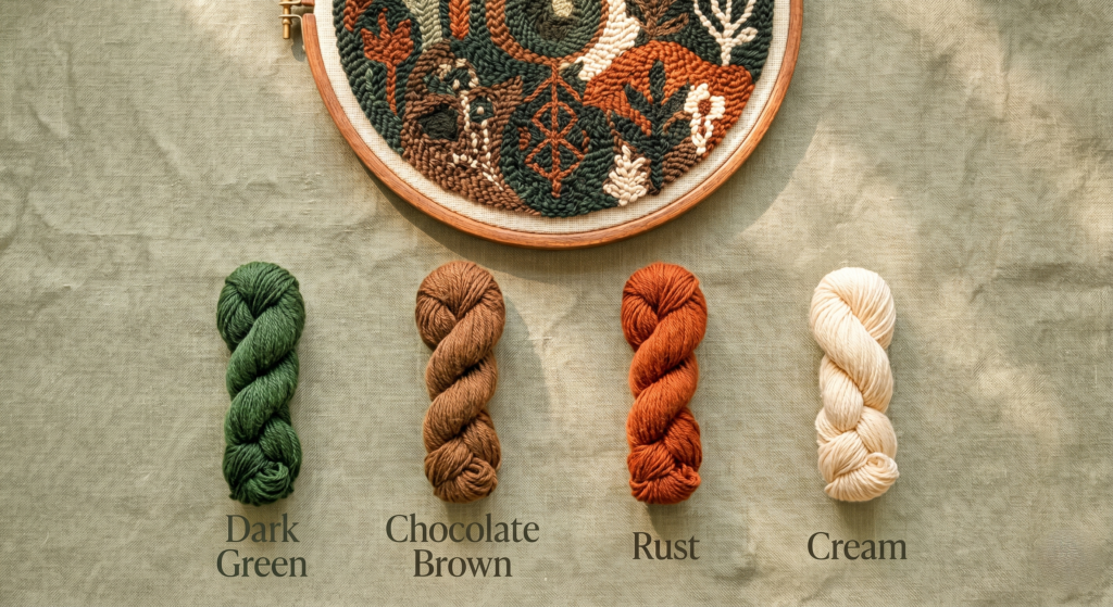 Deep forest-inspired punch needle palette in wooden hoop with dark green, chocolate brown, rust, and cream in intricate nature patterns, yarn thread samples below