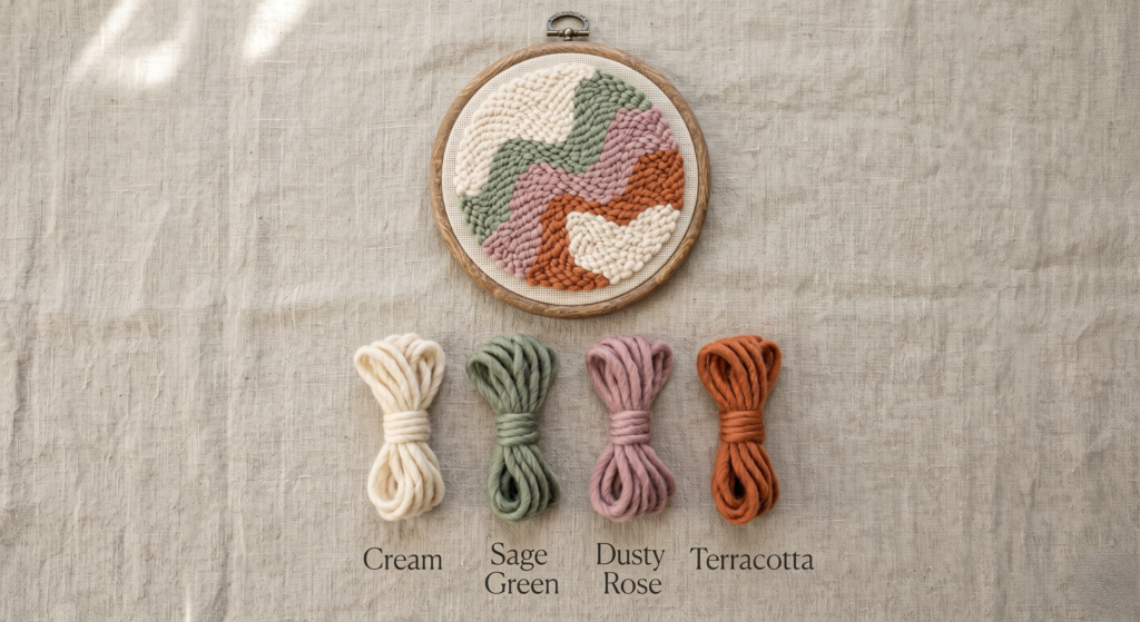 Wooden embroidery hoop containing abstract punch needle piece in cream, sage green, dusty rose, and terracotta, with four yarn threads displayed below labeled with color names
