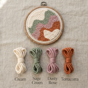 Wooden embroidery hoop containing abstract punch needle piece in cream, sage green, dusty rose, and terracotta, with four yarn threads displayed below labeled with color names