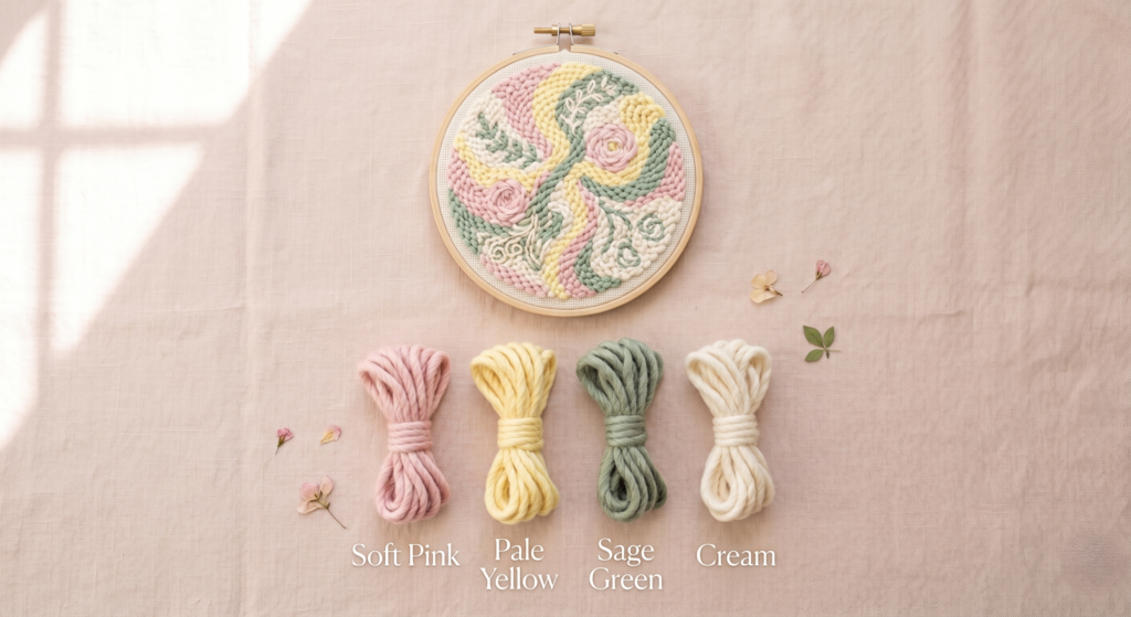 Punch needle template and pastel color palette inspiration. A cheerful abstract floral hoop art displayed on soft pink fabric with its matching yarn skeins clearly labeled: soft pink, pale yellow, sage green, and cream. Perfect for quick and cute DIY crafts.