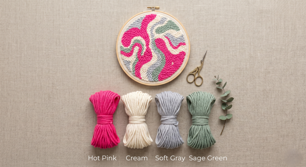 Punch needle pattern of a colorful abstract design in a wooden hoop, displayed with its exact yarn supplies labeled as hot pink, cream, soft gray, and sage green on a neutral linen background.