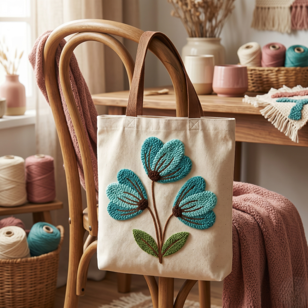  Modern turquoise floral punch needle design embroidered on a natural linen tote bag with sage and cream accent stitches