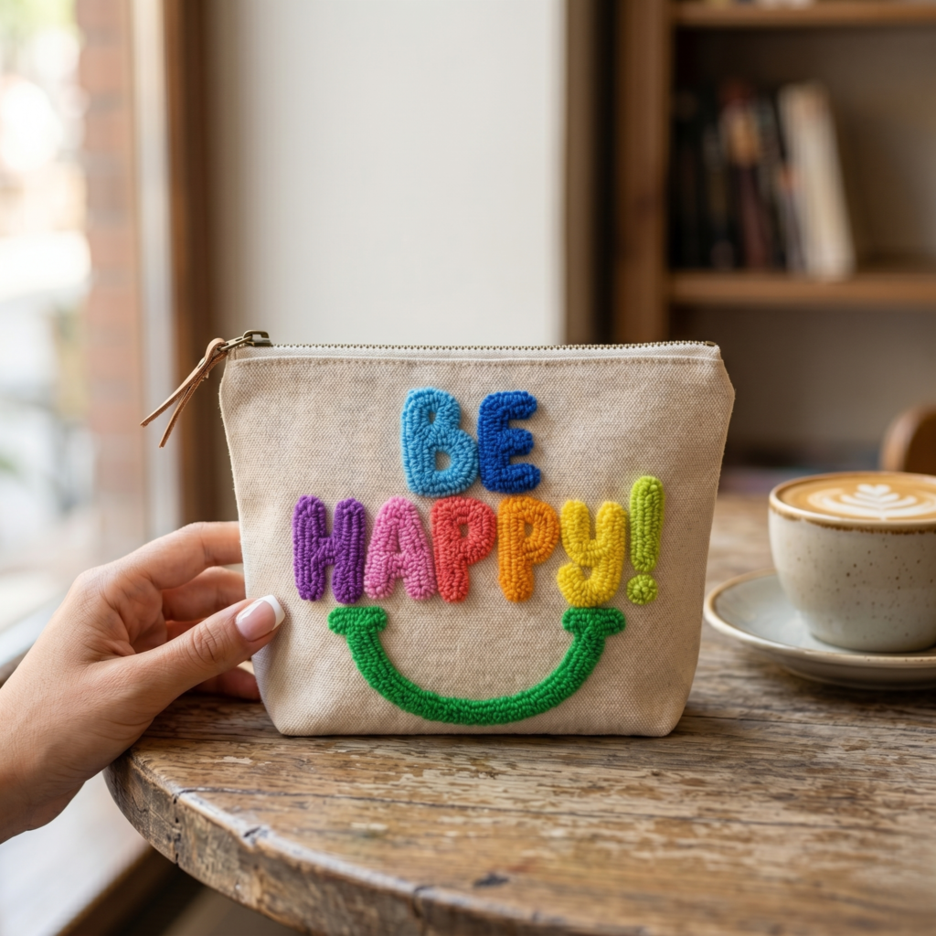  "Be Happy" lettering punch needle design on a cream-colored tote bag, embroidered in warm terracotta and sage tones
